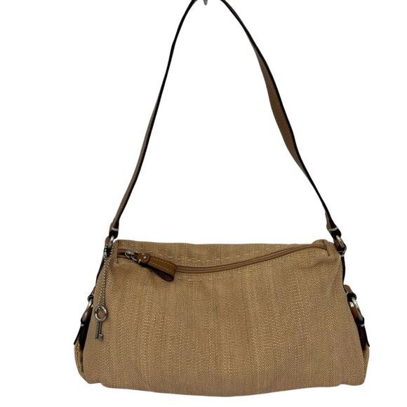 Fossil Carolina Tan Canvas Brown Trim Shoulder Bag - Picture 2 of 10